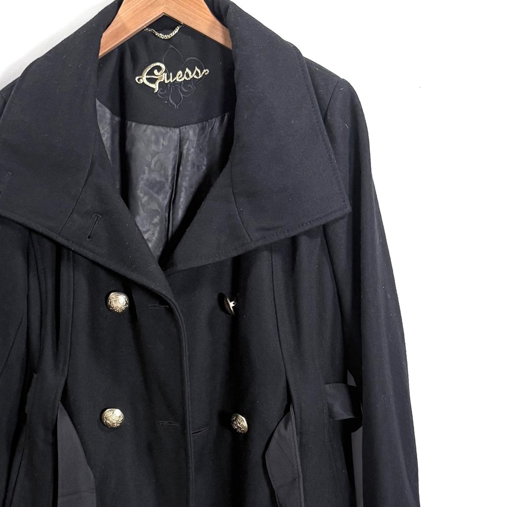 Guess Black Double Breasted Peacoat Ruffled Hem Women L Whimsy Goth‎ Witchy